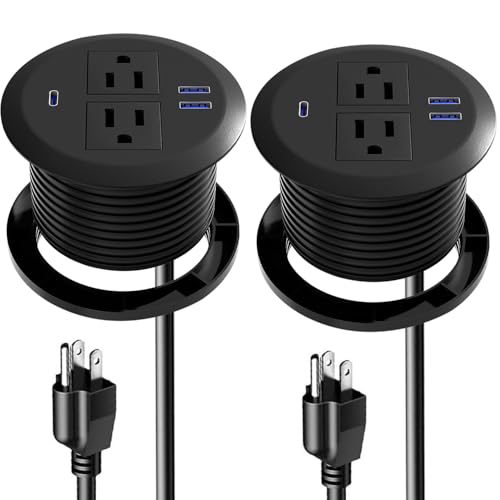 Desktop Power Grommet - Set of 2,3-inch,20W USB C Fast Charging,Fits 3-1/8" Holes.Round Recessed Power Strip Flush Mount Desk Grommet Outlet,2-AC Outlet,3-USB Port,5 ft Cord,Black - color: Black