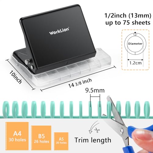Binding Machine for Planner： WORKLION Metal 10 Hole Punch&Multi Color 30 Hole Loose Leaf Binder Rings(10 pcs) for Making 26 Holes on B5 Paper, 30 Holes on A4, 20 Holes on A5 Book, Black - size: pocket size