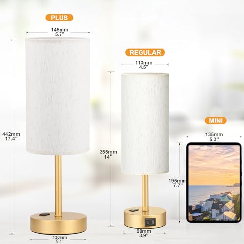 Fenmzee Touch Table Lamp - Cream, 3-Way Dimmable, USB A + C Charging, AC Outlet, 17.4inch Medium, Gold Metal Base - color: Cream - Gold, size: 17.4" Touch Control
