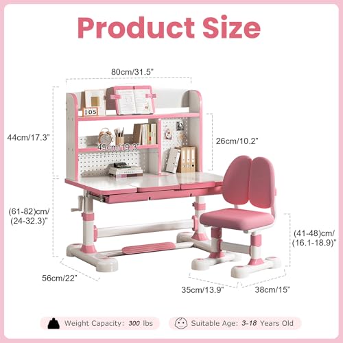Kid Study Desk and Chair Set 3-12 Height Adjustable Ergonomic Desk | School Art Desk, 50° Tiltable Desktop, Easy-Turn Crank, Storage Drawer & Built-in Bookstand for Children Boys & Girls - color: 013-pink-31.5in