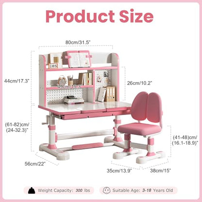 Kid Study Desk and Chair Set 3-12 Height Adjustable Ergonomic Desk | School Art Desk, 50° Tiltable Desktop, Easy-Turn Crank, Storage Drawer & Built-in Bookstand for Children Boys & Girls - color: 013-pink-31.5in