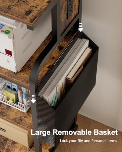 Tall Printer Stand with Charging Station, 4-Tier Mobile Printers Cart - color: Retro Brown, size: 20.9''x15.7''