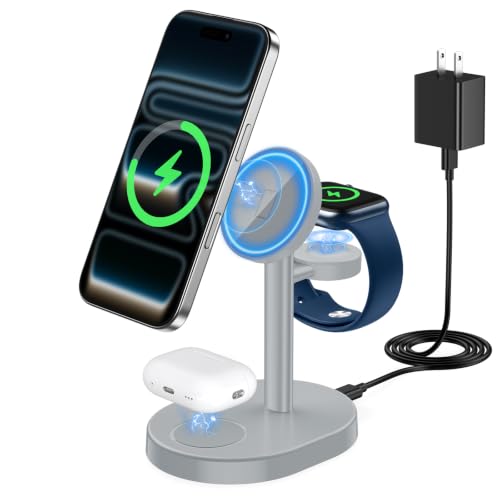 Hevanto 2026 3 in 1 Wireless Charging Station for Apple MagSafe Charger, 15W Fast Magnetic Mag-Safe Charger Stand for iPhone 17 16 15 14 13 12 Apple Watch AirPods Series, DeepGrey - color: DeepGrey, size: 15W