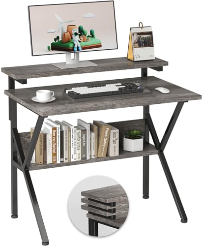 COTUBLR Small Desk, Small Computer Desk for Small Spaces, 27.5 Inch Computer Desk with Adjustable Monitor Stand, Compact Desk with Storage, Tiny Desk Study Desk for Bedroom Home Office, Grey - color: Grey Oak