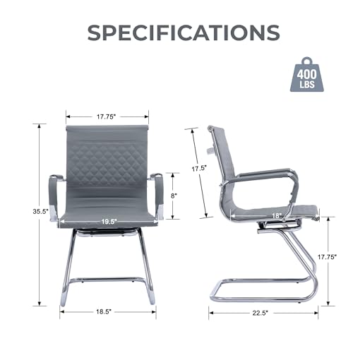 Set of 2 PU Leather Office Guest Chairs, Gray | Padded Arms, Stationary Reception Desk Chair for Conference Room, Meeting Room or Lobby - color: Grey