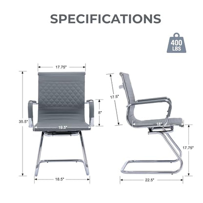 Set of 2 PU Leather Office Guest Chairs, Gray | Padded Arms, Stationary Reception Desk Chair for Conference Room, Meeting Room or Lobby - color: Grey