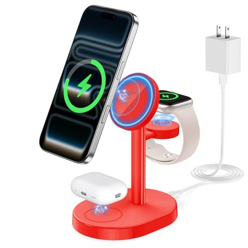 Hevanto 2026 3 in 1 Wireless Charging Station for Apple MagSafe Charger, 15W Fast Magnetic Mag-Safe Charger Stand for iPhone 17 16 15 14 13 12 Apple Watch AirPods Compatible with MagSafe, DeepRed - color: DeepRed, size: 15W