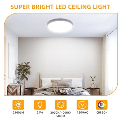 Hlite 12 Inch Flush Mount LED Ceiling Light,2400LM,3CCT,4 Pack | 24W 3000K/4000K/5000K Selectable,Low Profile Ceiling Light Fixtures for Kitchen Bedroom Hallway Laundry Room Closet,White - color: White, size: 12 inch-4