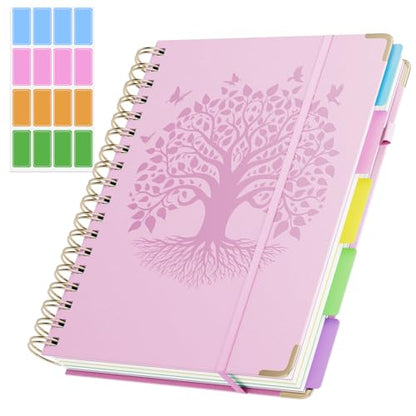 QIYVLOS Hardcover Spiral Notebook, B5 Journal with Removable Dividers Tabs, 5 Subject Notebook College Ruled, 320 Pages 8"x10" Leather Notebooks for Work School Study, Lined Journal for Women, Pink - color: B5/Pink