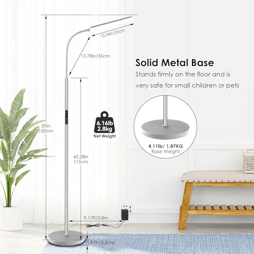 LED Floor Lamp, Stepless Adjustable 3000K-6000K Colors, Silver | Bright 15W Floor Lamps for Living Room with 1H Timer, Reading Standing Lamp with Remote & Touch Control, Home Office - color: Silver