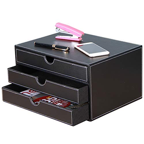 High-end PU Leather Desk Organizer File Cabinet Executive Office Supplies Desktop Filing A4 File Cabinet Stackable Storage Organizer Box with 3 Drawers (Black)… - color: black