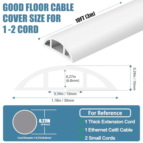 Floor Cord Covers for Wires 10FT Cable Hider Wire Cover Self Adhesive Cord Hider Floor for Offices, Homes, Workshops, Warehouses Cable Cavity 0.39" W x 0.27" H - color: White, size: 1.18" x 10'