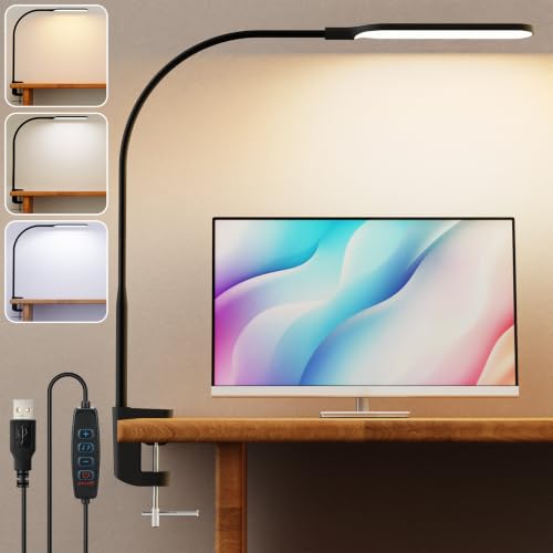 LED Desk Lamp with Clamp, 3 Color Modes 10 Brightness Levels, Long Flexible Gooseneck, Ultra Wide Brightness Range, led Clip Desk lamp, USB Eye-Caring Clip on Lights for Home Office, Black - style: Clip Lamp