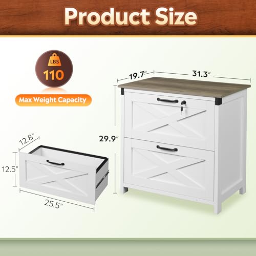 DEVAISE 2-Drawer Lateral File Cabinet with Lock, White | Wood, Office Storage Cabinet, Letter, Legal & A4 Compatible, Farmhouse Style, Printer Stand, Home Office - color: White