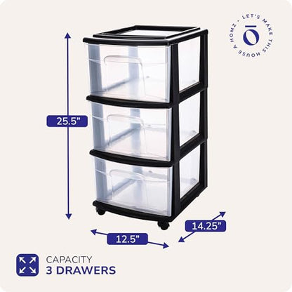 HOMZ Drawer Tower, 3-Tier Storage Cart with Removable Wheels, Black Frame - color: Black, size: 1 Pack