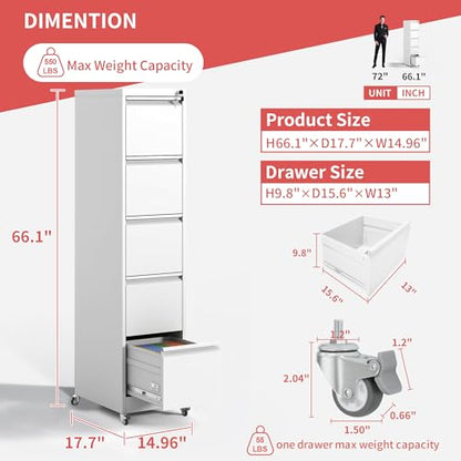 IKIMI 5 Drawer Locking File Cabinet with Wheels,Metal Mobile Filing Cabinet - color: White, size: 5 Drawers with Wheels