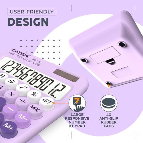 CATIGA Mechanical Switch Calculator with Solar and Battery Dual Power, 12-Digit Large LCD Display, Aesthetic and Cute Desktop Calculator with Big Button, for Home, School and Office Use, SD-1299 - color: Z) Lavender