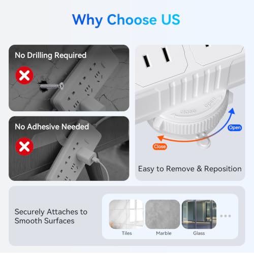 Desktop Suction Cup Power Strip 4.9Ft,Table Surge Protector - color: White