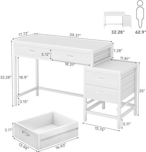 Tribesigns Computer Desk with 5 Drawers, Reversible Home Office Desks - color: White
