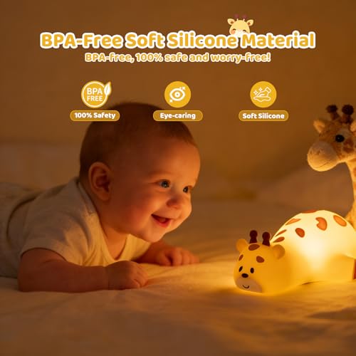 Kawaii Giraffe Lamp Silicone Night Light, Tap Control Squishy Baby Lights for Nursery, 3 Levels Dimmable Rechargeable LED Bedside Lamp with Timer, Giraffe Gifts for Toddler, Bedroom, Toy - color: Giraffe