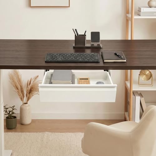 Under Desk Drawer Organizer Metal, Sliding Pull-Out Storage Tray, Hidden Mount, White, Large Capacity for Keyboard Mouse Office Supplies, Smooth Silent Rail, Easy Install