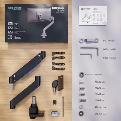 ONKRON Heavy Duty Monitor Arm for 17-57 Inch Screens up to 59.4 lbs, Ultrawide Screen Mount with Adjustable Gas Spring, VESA 75x75-200x200, Single Arm Monitor Mount for Desk, Clamp & Grommet Black | Ultrawide monitor mount with 23" extension, gas spring,