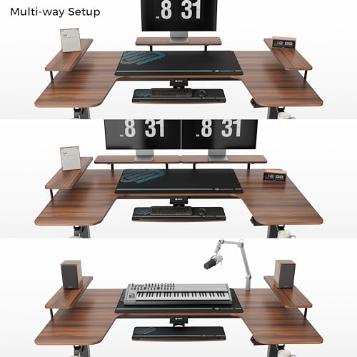 EUREKA ERGONOMIC Gaming Standing Desk with Keyboard Tray,74" U Shaped Studio Desk for Recording&Live,Electric Height Adjustable Desk w LED Convertible Shelves,Walnut