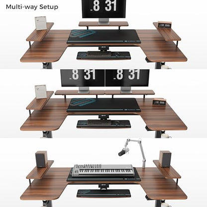 EUREKA ERGONOMIC Gaming Standing Desk with Keyboard Tray,74" U Shaped Studio Desk for Recording&Live,Electric Height Adjustable Desk w LED Convertible Shelves,Walnut