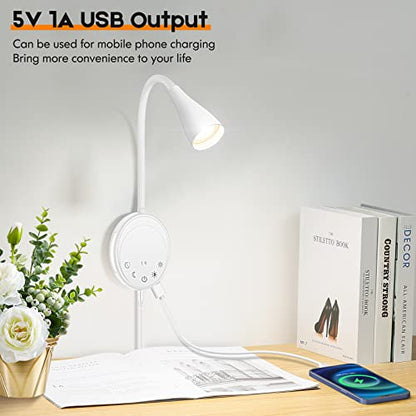 SANKEDOU LED Wall Mounted Reading Light, Book Light for Reading in Bed with Touch Control, 5 Dimmable, USB Output, Night Light & Timers Function, Flexible Gooseneck Headboard Bed Lights (White) - color: White
