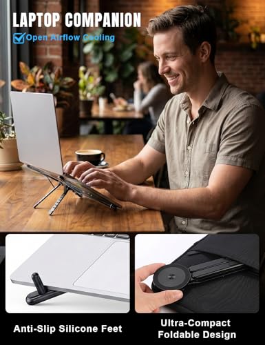 Magnetic Phone Stand & Foldable Laptop Riser, Matte Black Multi-Device Aluminum Desk Mount, N52 MagSafe Tripod Grip for Travel Office, Ergonomic Elevator for MacBook, iPad & iPhone - color: Black
