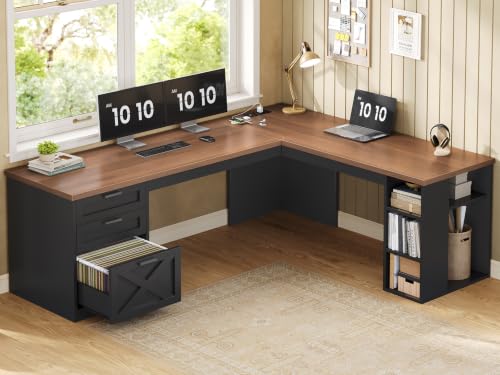 SEDETA 67" Farmhouse Executive L Shaped Desk with 3 Drawers | Executive Home Office Desks with Storage Shelves, Corner Computer Desk with Power Outlets for Home Office,Black and Brown - color: Black and Brown, size: L Shaped Desk