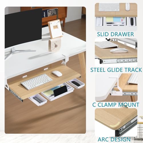 ETHU Keyboard Tray Under Desk, Pull Out Keyboard & Mouse Tray with C-clamp, Ergonomic Desk Keyboard Tray Slide Out, Pull Out Platform Drawer for Home and Office（Oak） - color: Oak