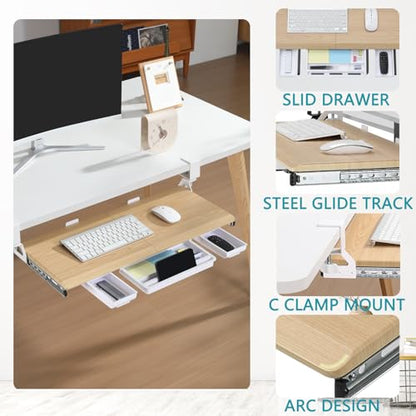 ETHU Keyboard Tray Under Desk, Pull Out Keyboard & Mouse Tray with C-clamp, Ergonomic Desk Keyboard Tray Slide Out, Pull Out Platform Drawer for Home and Office（Oak） - color: Oak