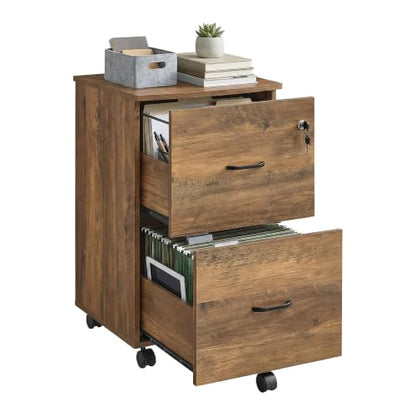 VASAGLE 2-Drawer File Cabinet, Small Rolling, Locking, Printer Stand - color: Rustic Brown, style: with Lock