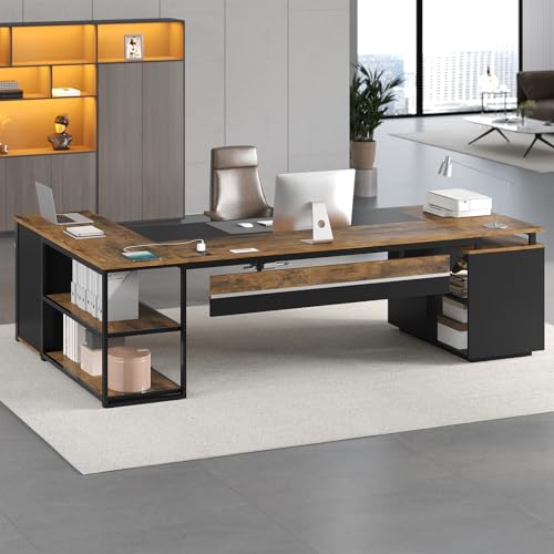 78" Executive Desk with Lockable File Cabinet, L Shaped Office Desk with Power Outlets, Large Executive Desk with Drawers and Storage Shelves, Reversible Computer Desk, Rustic Brown - color: Rustic Brown