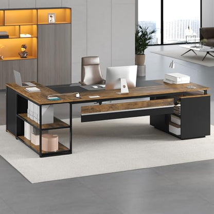 78" Executive Desk with Lockable File Cabinet, L Shaped Office Desk with Power Outlets, Large Executive Desk with Drawers and Storage Shelves, Reversible Computer Desk, Rustic Brown - color: Rustic Brown