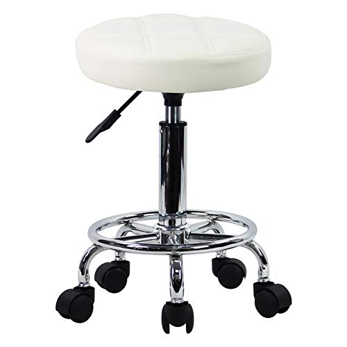 KKTONER Round Rolling Stool Chair PU Leather Height Adjustable Swivel Drafting Work SPA Shop Medical Salon Stools with Wheels Office Chair Small (White) - color: White