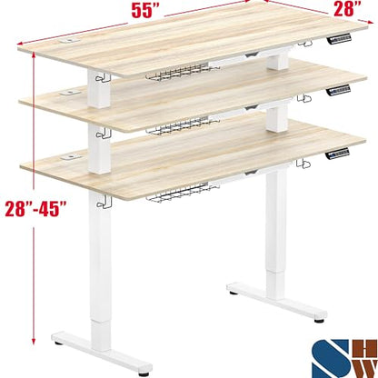 SHW 55 x 28 Electric Height Adjustable Standing Desk w/Drawer, Maple - color: Maple, size: 55-Inch