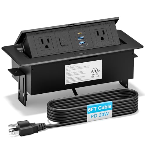 Recessed Power Strip with 2 AC, 2 USB-A, USB-C Ports, Pop Up Power Outlet with PD 20W USB C Fast Charger, Receptacle Outlet with Switch and 6FT Cord for Conference Office Countertop, UL Listed,Black - color: Black