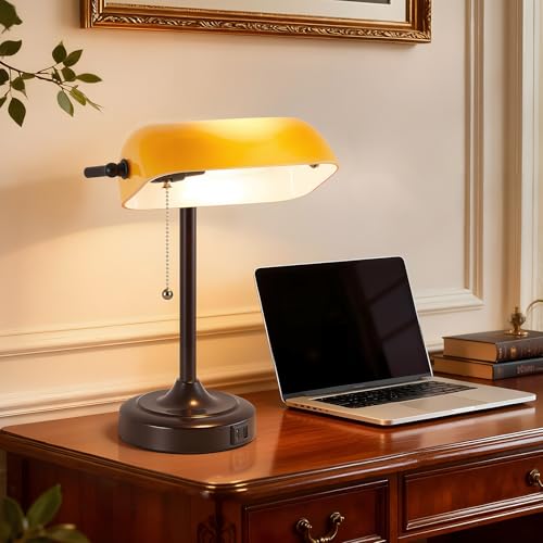 EJIAXIN Vintage Bankers Lamp - Retro Desk Lamp with USB & Type C Charging Ports Traditional Pull Chain Switch Library Table Lamp for Home Office Nightstand Bedroom Side Table Lamp(Amber Glass Shade) - color: Amber Glass Shade