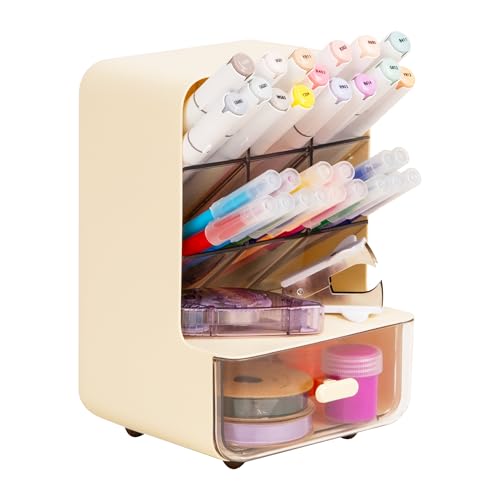 Mind Reader Compact Craft Supply Organizer with Drawer, 6 Slanted Compartments, Non-Skid Feet, Desktop Storage for Markers, Pens, Tools & Art Essentials, Plastic, White - color: White Craft Supply Organizer