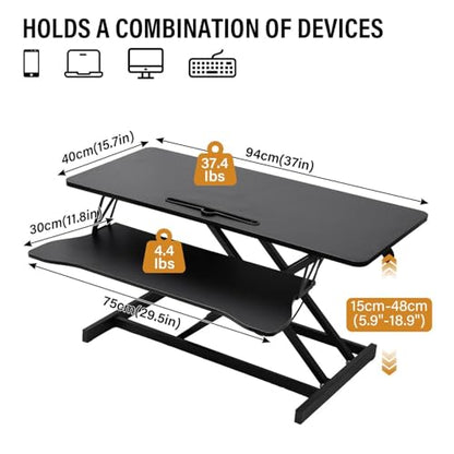 37 Inch Standing Desk Converter, Height Adjustable Desktop Standing Desk, Stand Up Riser Compatibles with 2 Computer, Stand Up Converter Laptop Workstation to 18.8" Tall, Black - color: Black