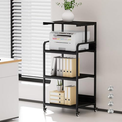 4 Tier Printer Stand with Wheels, Extra Large Tall Printer Table for Home Office, Printer and Shredder Stand with Storage Shelf (Black) - color: Black
