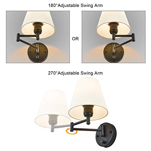 Swing Arm Wall Lamp Plug in Wall Mount Opaque Ivory Linen Shade 40W 2-Way Cord Covers(1 Light)