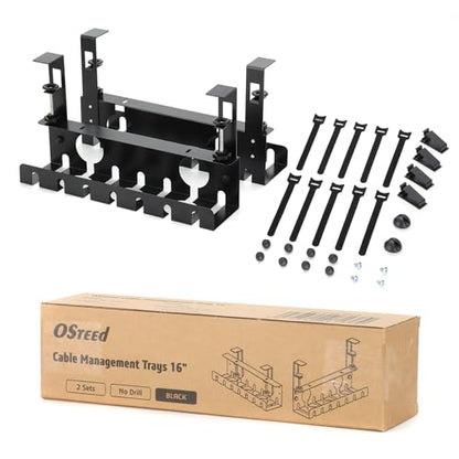 Under Desk Cable Management Tray 2 Pack Black, No Drill Cord Organizer with Clamp for Wire Management, Home & Office Accessories