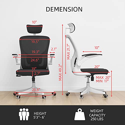 Monhey Office Chair, Ergonomic Office Chair with Lumbar Support & 3D Headrest & Flip Up Arms Home Office Desk Chairs Rockable Computer Chair Multi-Angle from 90° to 130° with 350LBS CapacityChair - color: 02white+black