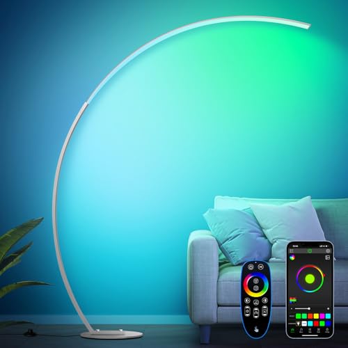RGB Floor Lamp with 3 Color Temperatures, Ultra Bright 1800LM Smart Arc LED Floor Lamp with Remote Control, Music Sync, Scene Modes, Modern Standing Tall Lamp for Bedroom Living Room-Brushed Nickel - color: Brushed Nickel-RGBCCT