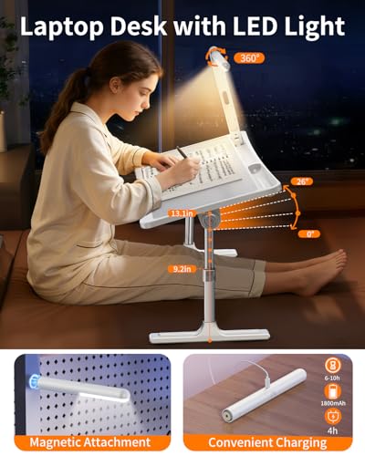 Laptop Desk Bed Table with LED Light,Adjustable Lap Desk Bed Tray,Portable Folding Couch Table Bookstand with Page Clip,Car Rear Seat Sofa Floor Laptop Tray Stand for Adult Kids Reading Writing Eating - size: lapdesk with light