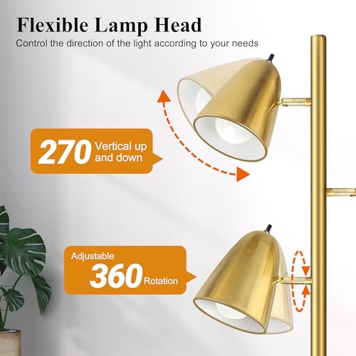 QiMH Tree Floor Lamp with 3 Light Bulbs, Standing Tall Pole Lamps for Living Room Bedroom Office, Reading Stand up Lamps with 3 Adjustable Arms, Brushed Gold - color: Brushed Gold