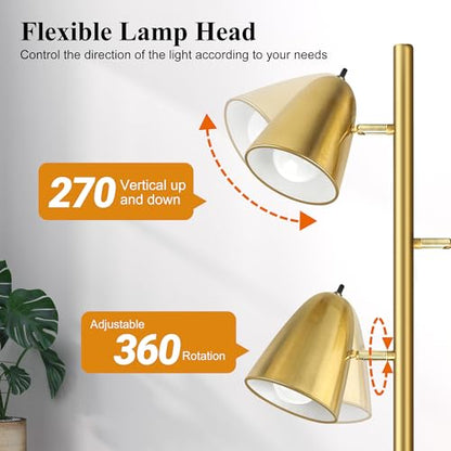 QiMH Tree Floor Lamp with 3 Light Bulbs, Standing Tall Pole Lamps for Living Room Bedroom Office, Reading Stand up Lamps with 3 Adjustable Arms, Brushed Gold - color: Brushed Gold